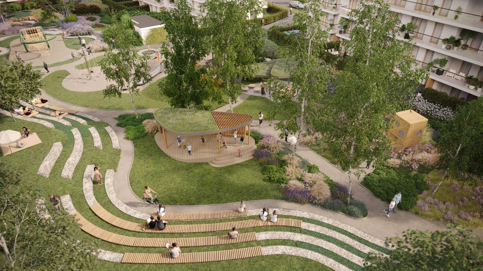 Osiedle Synteza - park osiedlowy z placem zabaw i strefami rekreacji