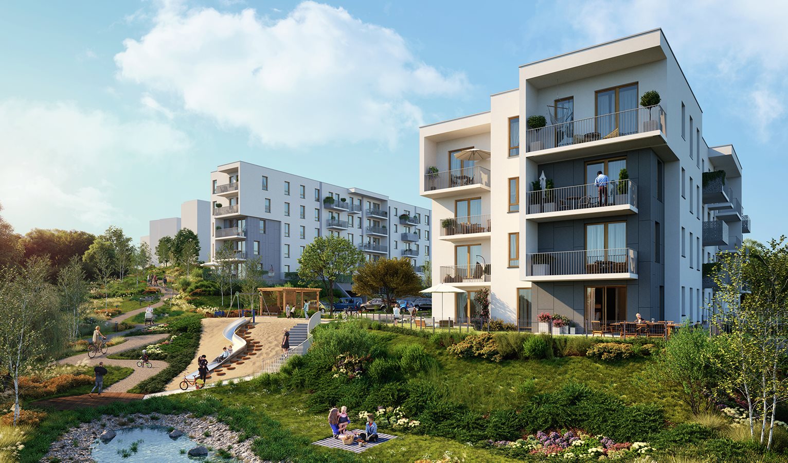 Osiedle Dynamika - teren rekreacyjny z placem zabaw i metalową tubą