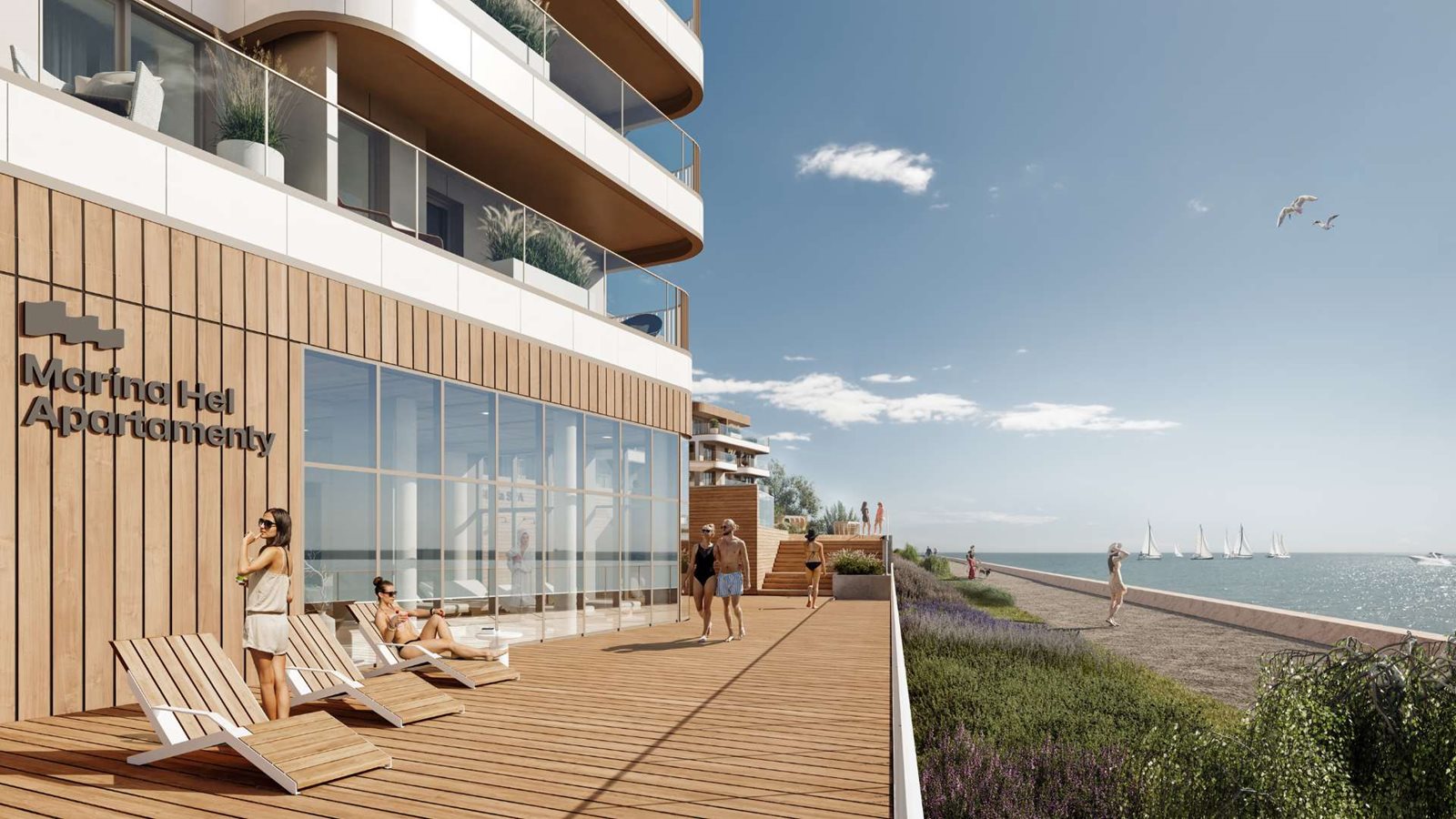 Marina Hel Apartamenty – letni taras z widokiem na morze